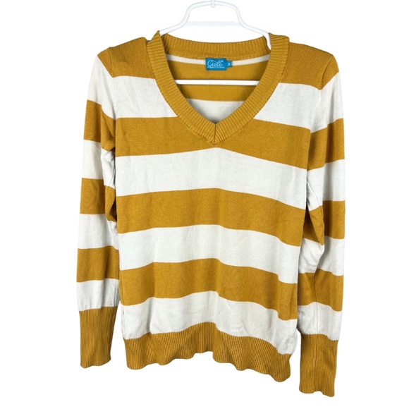 Mustard yellow and cream striped v neck sweater preppy academia collegiate med - Picture 1 of 6